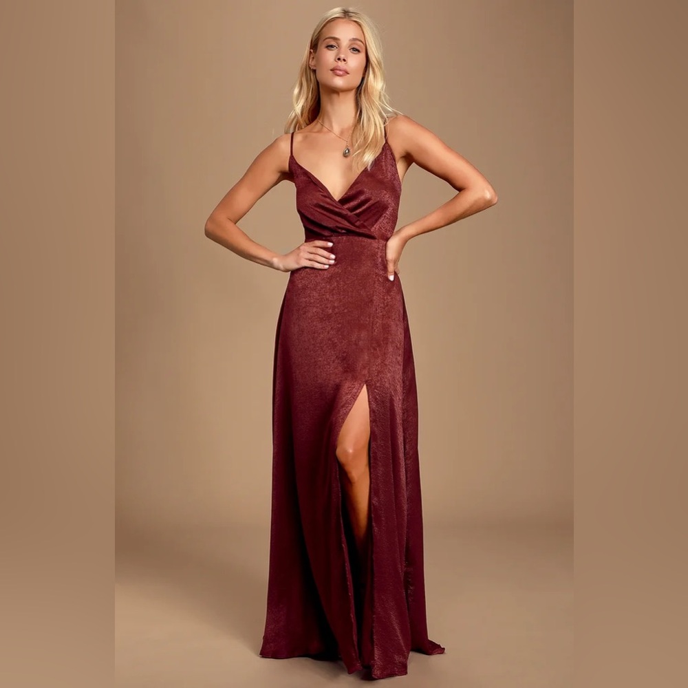 Lulu’s Constantine Burgundy Satin Maxi Dress